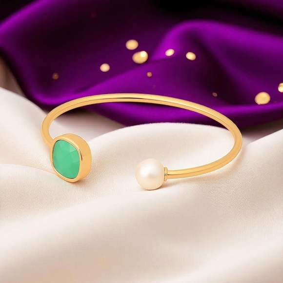 🆕️Elegant 18K Gold Plated Stainless Steel Aquamarine Pearl Cuff Bracelet Studs - Picture 7 of 13